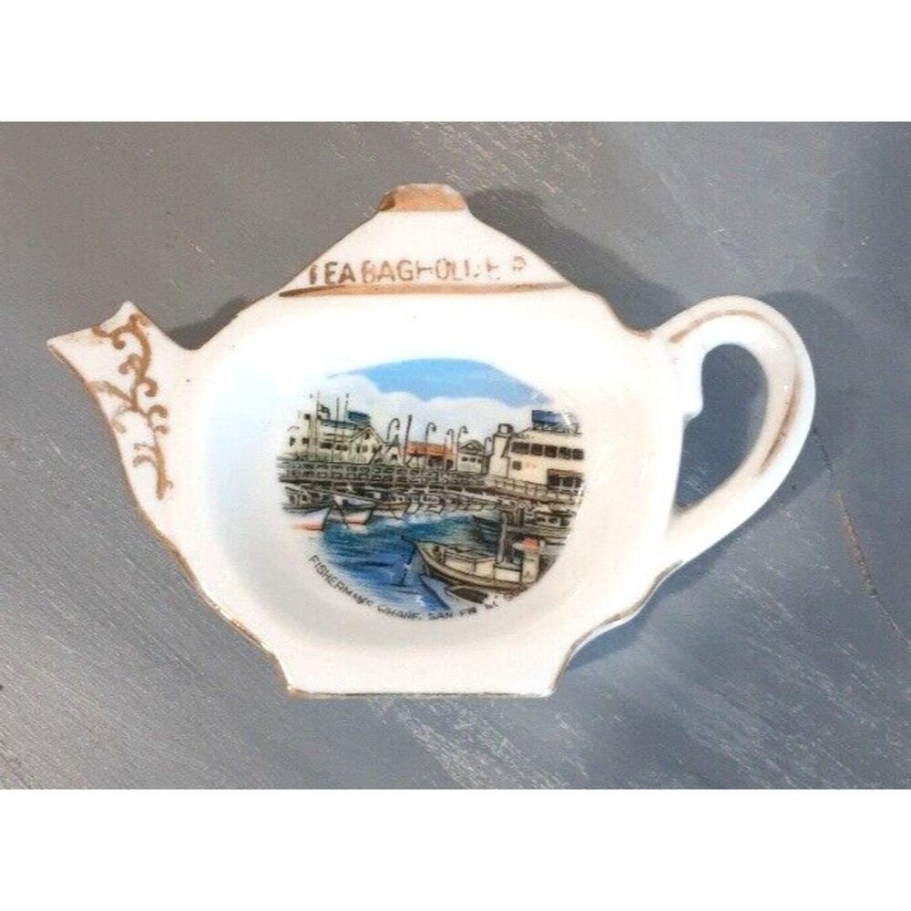 Vintage Tea Bag Holder Teapot Shaped San Francisco Fisherman's Wharf Gold‎ Trim